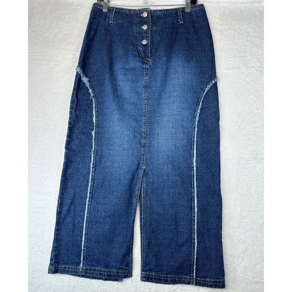 Erica Brooke Denim Maxi Skirt Women Medium Blue Raw Edge Seam Button Front